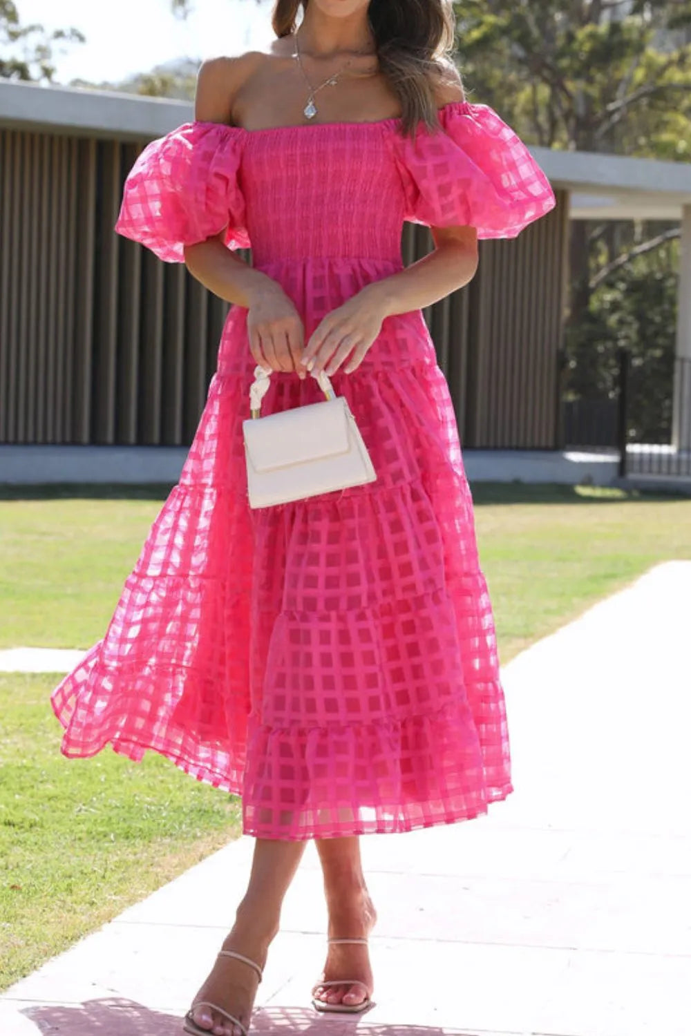 Off Shoulder Short Puff Sleeve Midi Dress Hot Pink / S