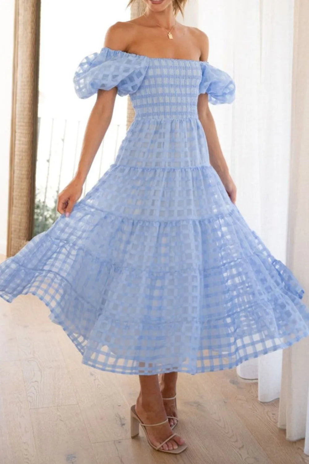Off Shoulder Short Puff Sleeve Midi Dress Light Blue / S