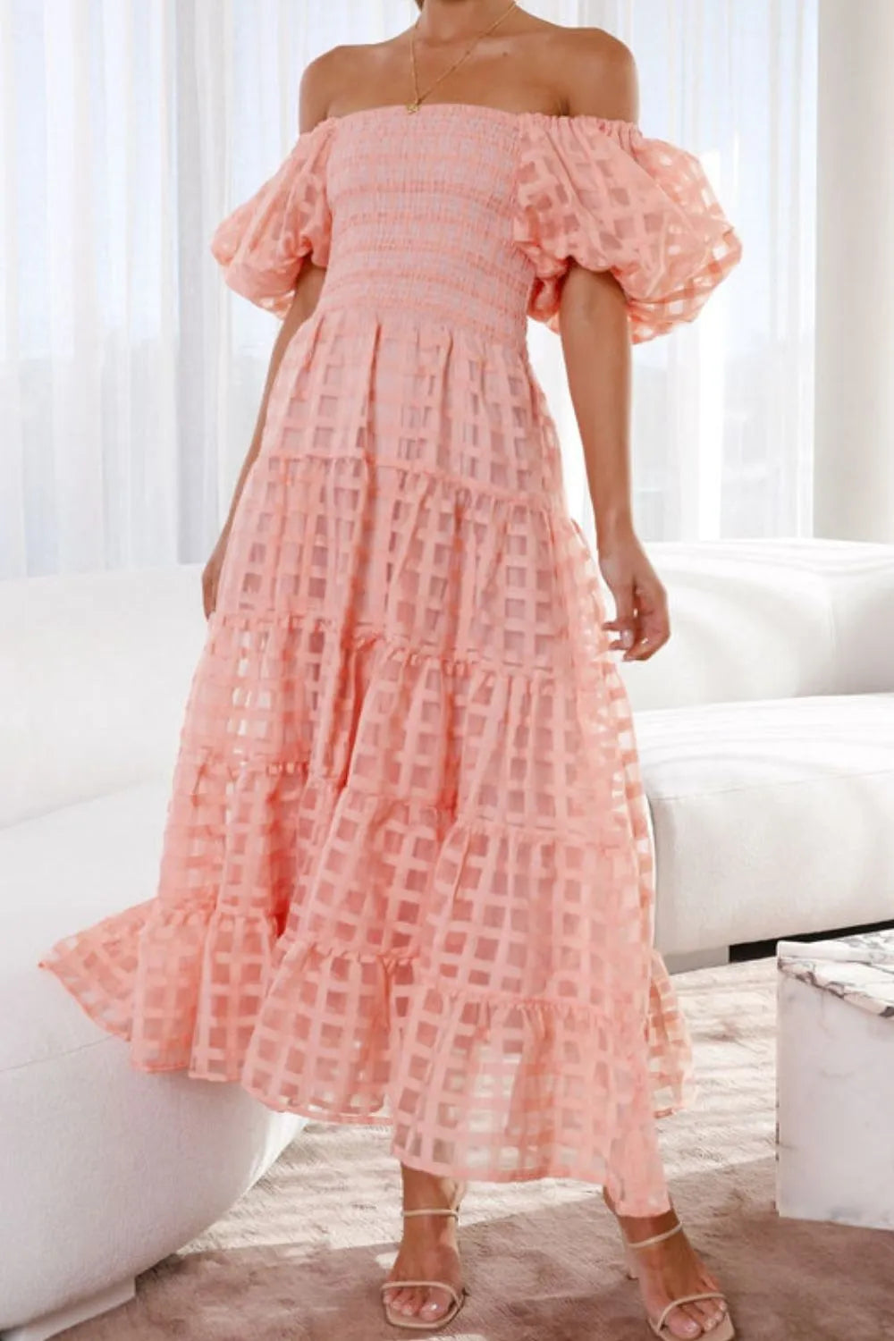Off Shoulder Short Puff Sleeve Midi Dress Watermelon pink / S