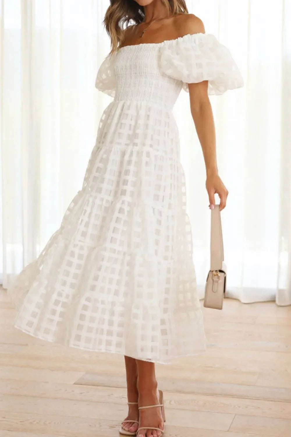 Off Shoulder Short Puff Sleeve Midi Dress White / S