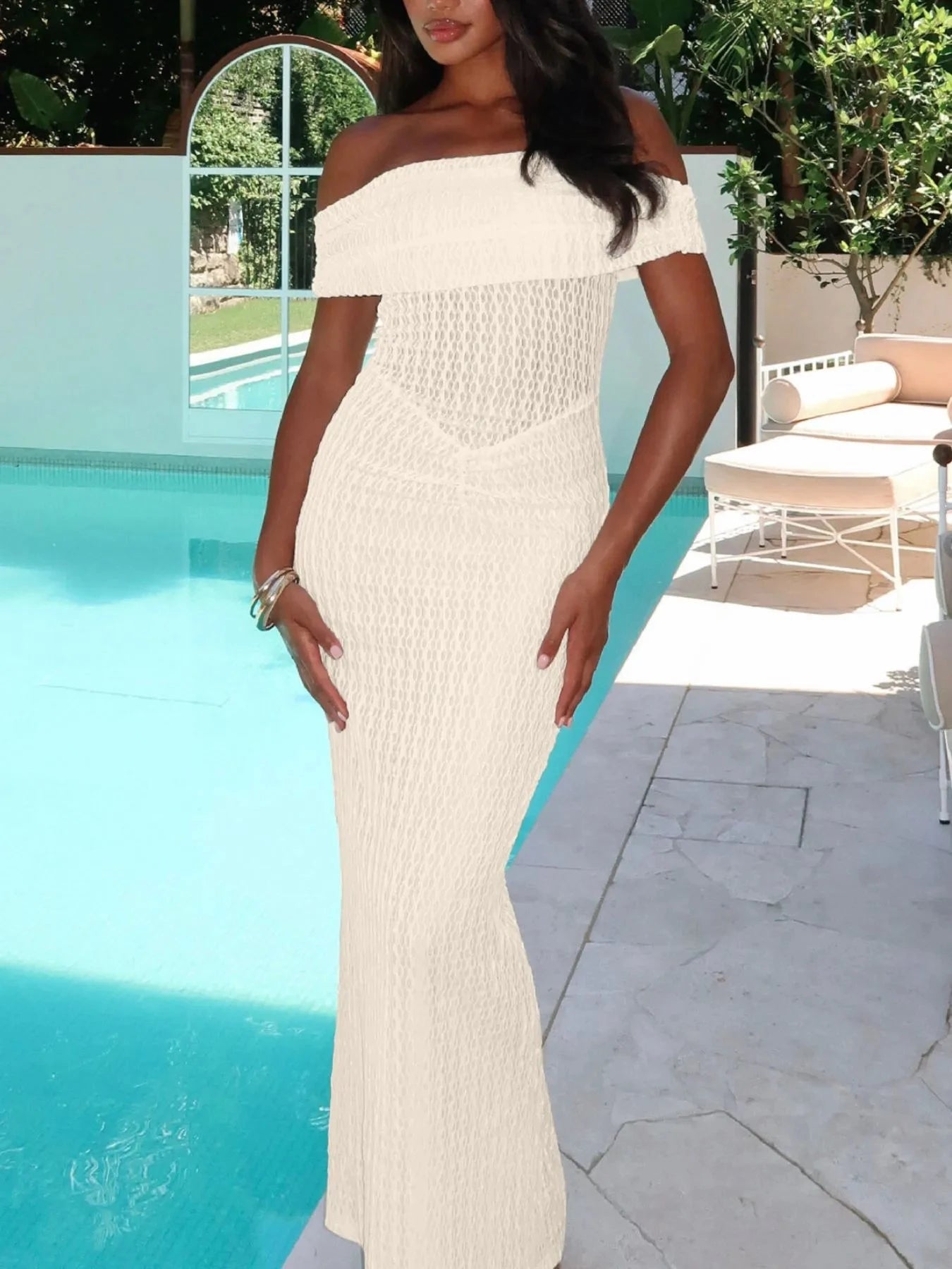 Off Shoulder Texture Maxi Dress