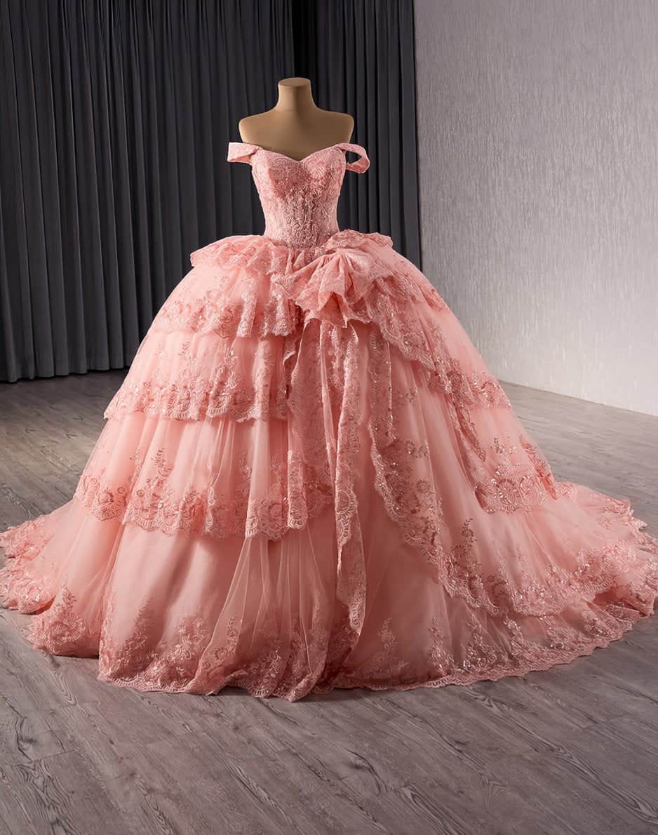 Off Shoulder Tiered Lace Floral Detailed Quinceañera Ball Dress - G5H6I US 2 / Pink