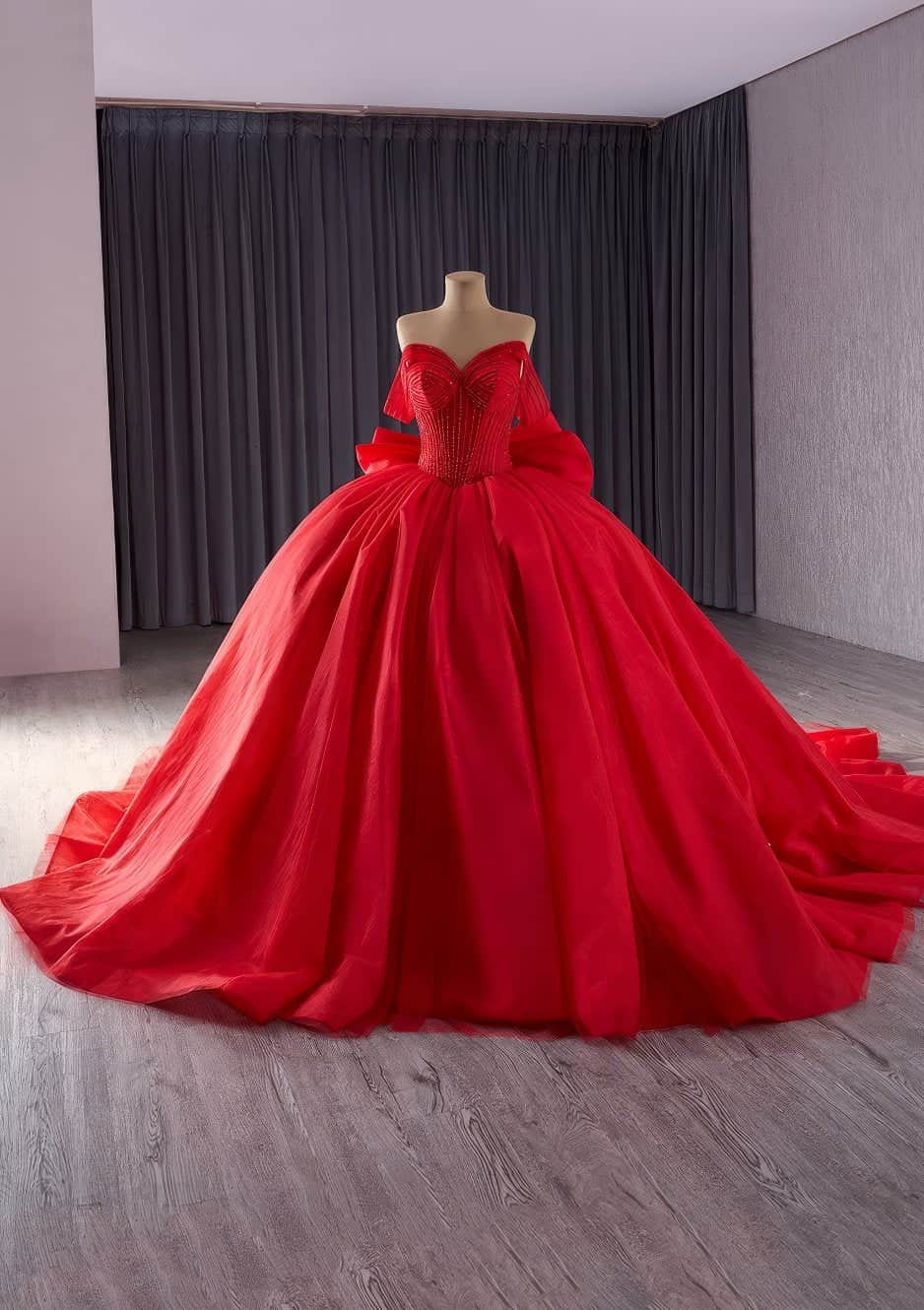 Off Shoulder Tube Bead Decor Quince Tube Ball Gown - D3E4F US 2 / Red