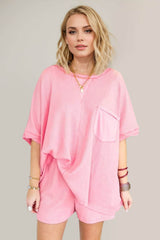 Oh Full Size Round Neck Half Sleeve Top and Shorts Set Dusty Pink / S