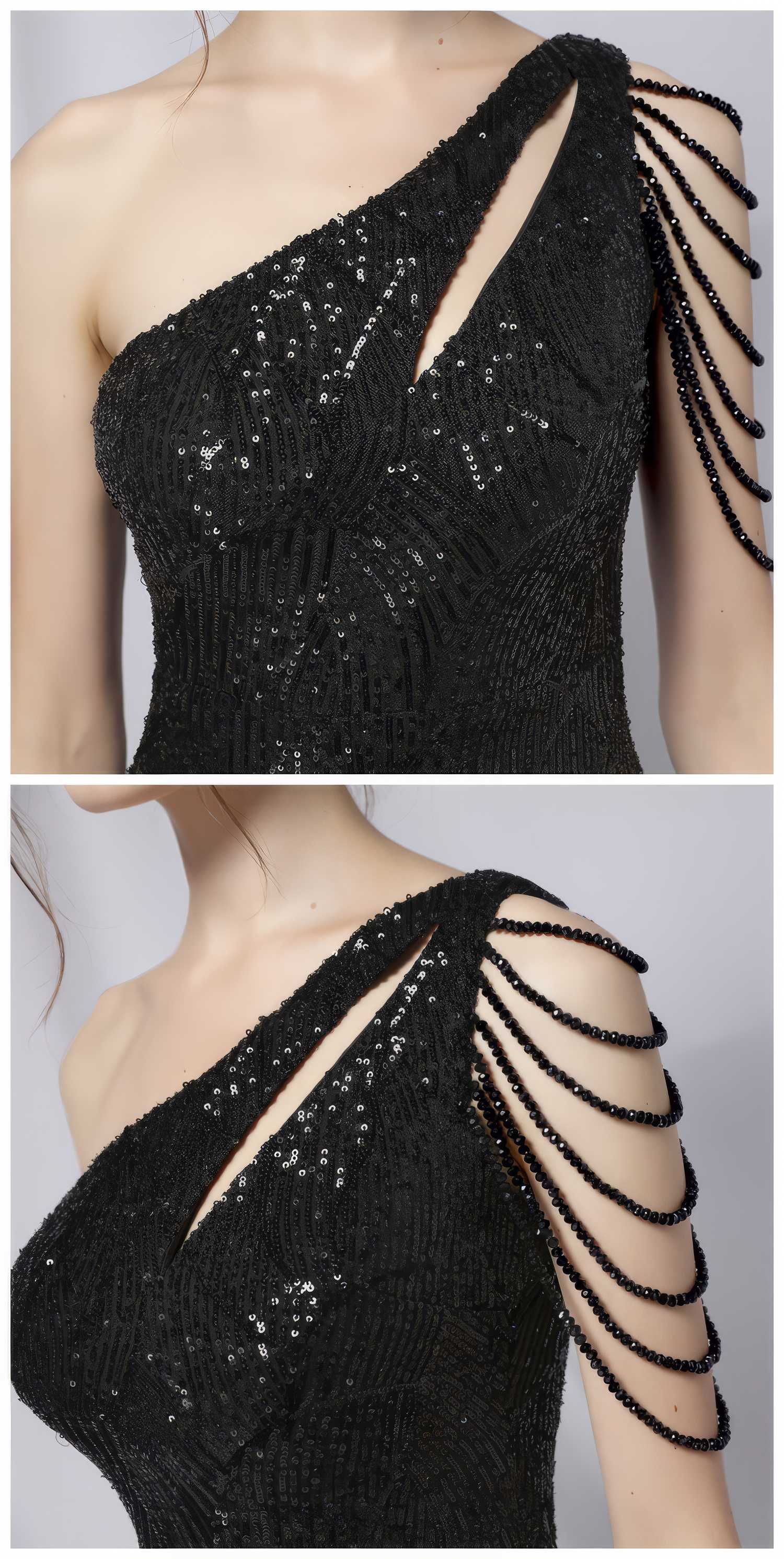 One-Shoulder Bead Embellished Sequin Dress