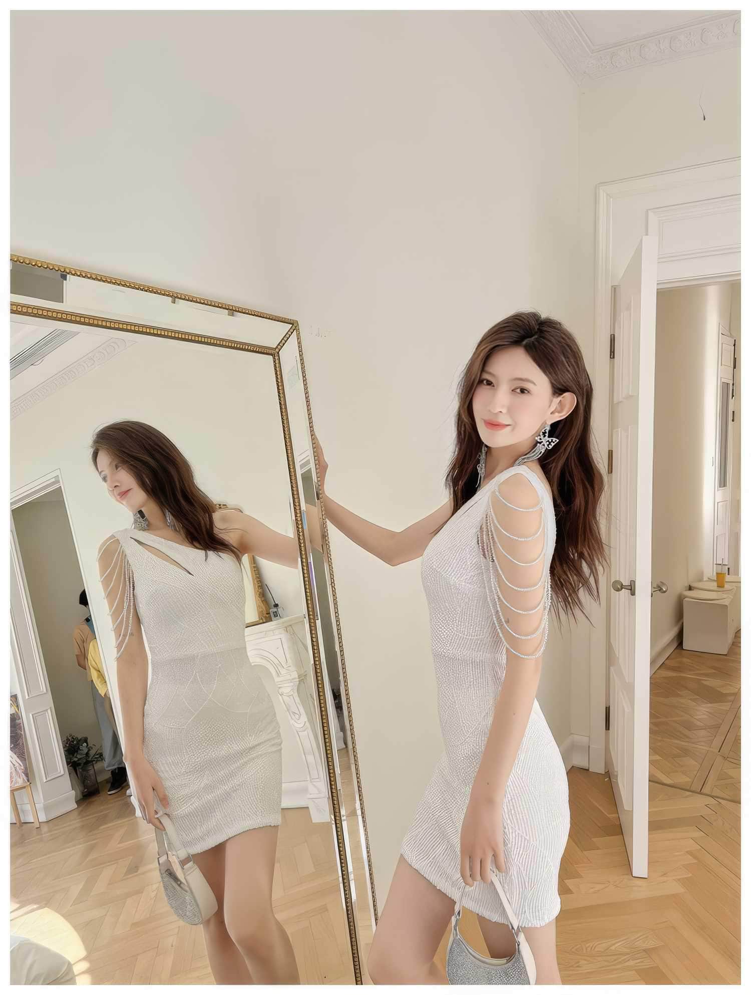 One-Shoulder Bead Embellished Sequin Dress
