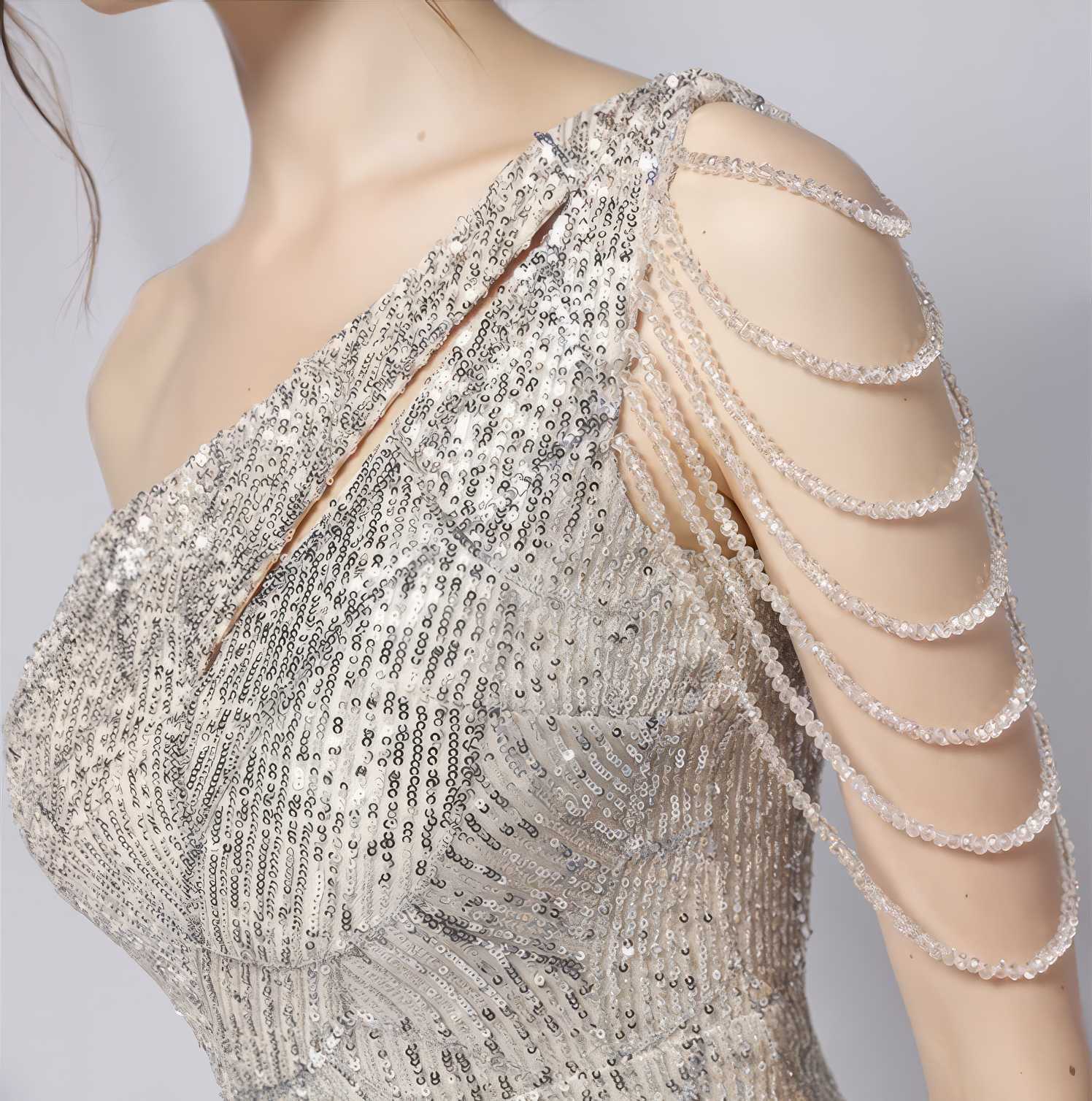 One-Shoulder Bead Embellished Sequin Dress