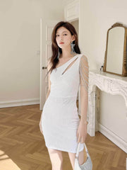 One-Shoulder Bead Embellished Sequin Dress