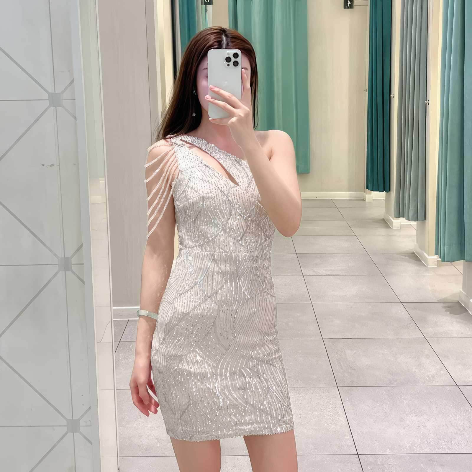 One-Shoulder Bead Embellished Sequin Dress