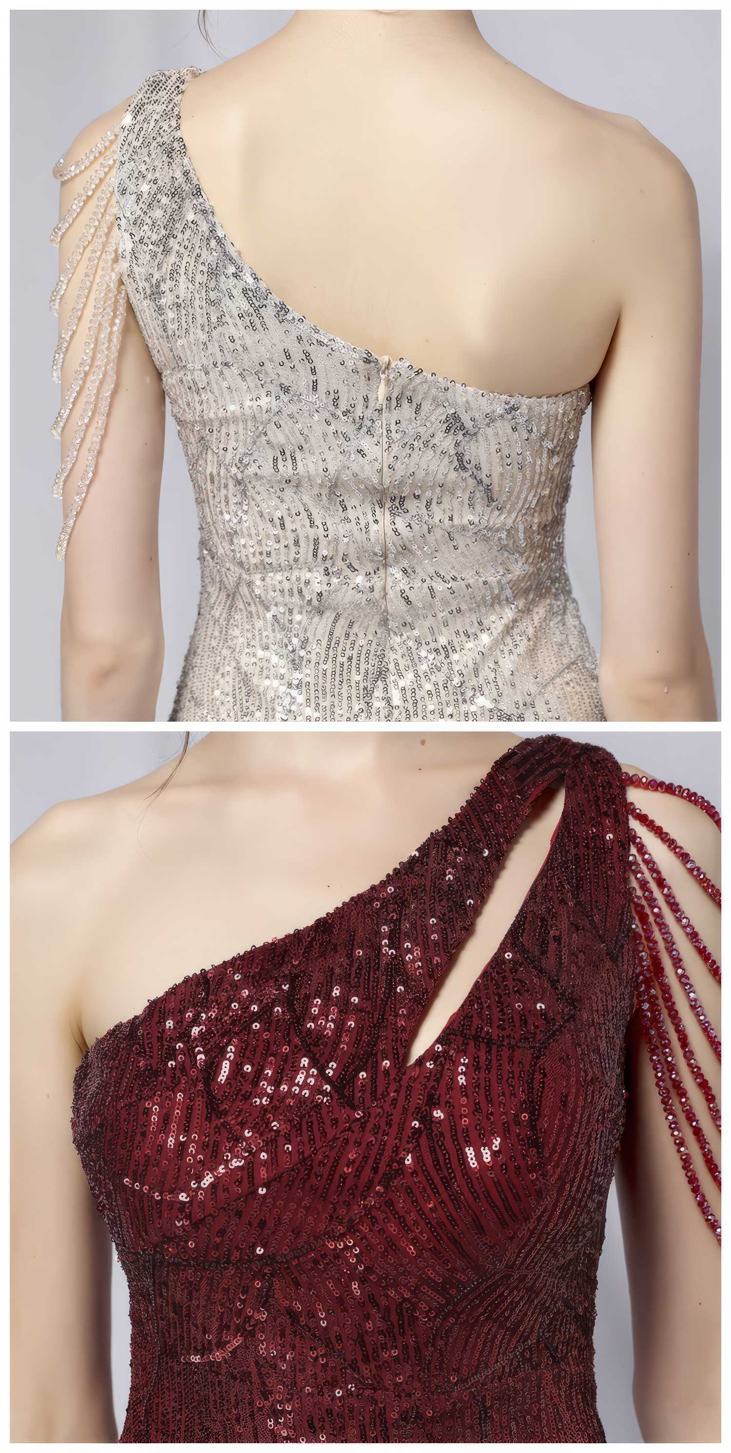 One-Shoulder Bead Embellished Sequin Dress