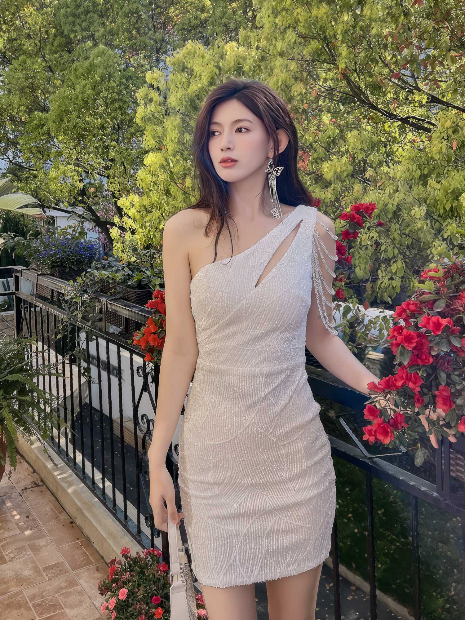 One-Shoulder Bead Embellished Sequin Dress