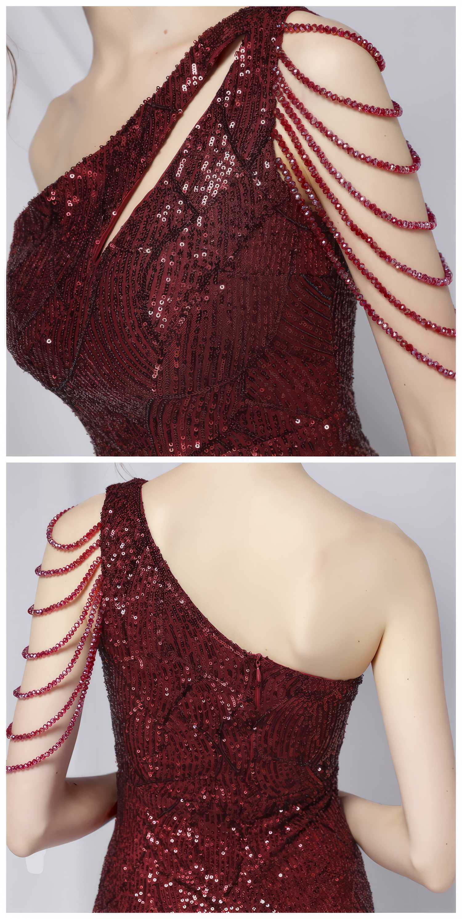 One-Shoulder Bead Embellished Sequin Dress S / Maroon