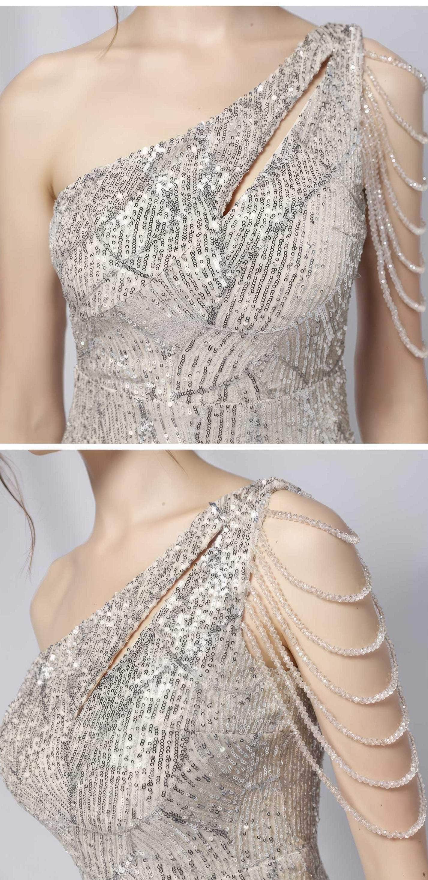 One-Shoulder Bead Embellished Sequin Dress S / Silver