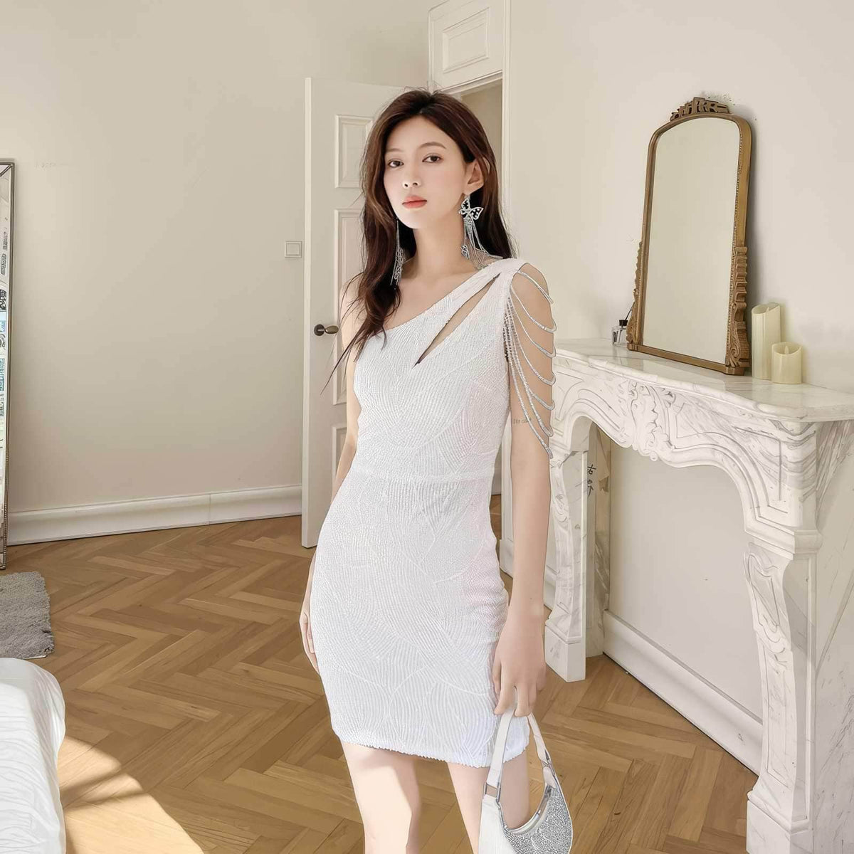 One-Shoulder Bead Embellished Sequin Dress S / White