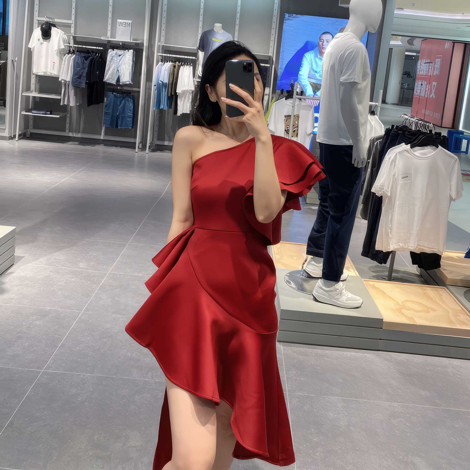One Shoulder Frill Side Slit Ruffle Dress