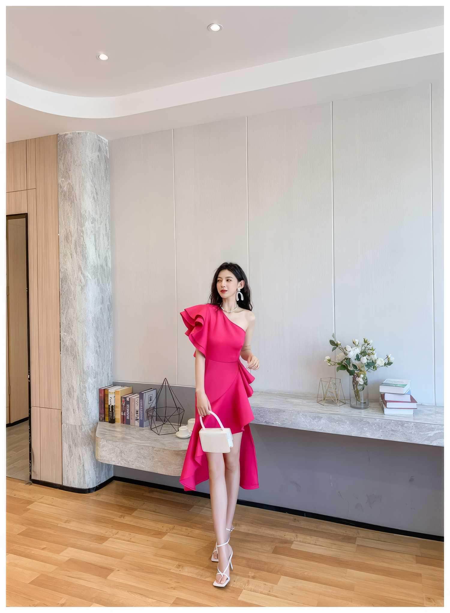 One Shoulder Frill Side Slit Ruffle Dress