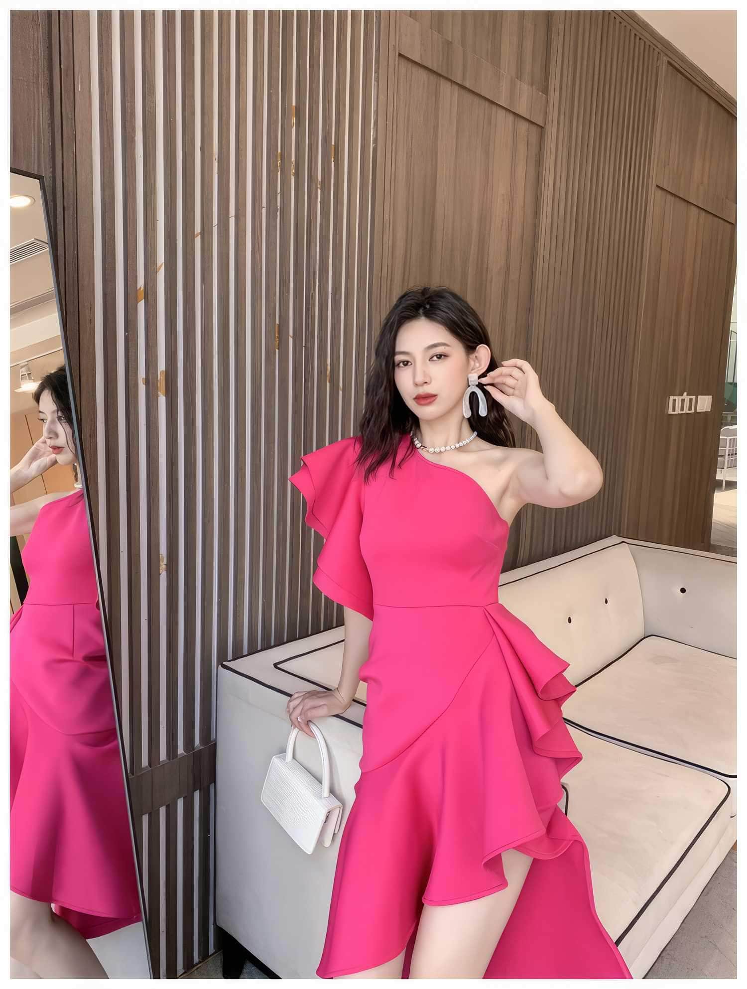 One Shoulder Frill Side Slit Ruffle Dress