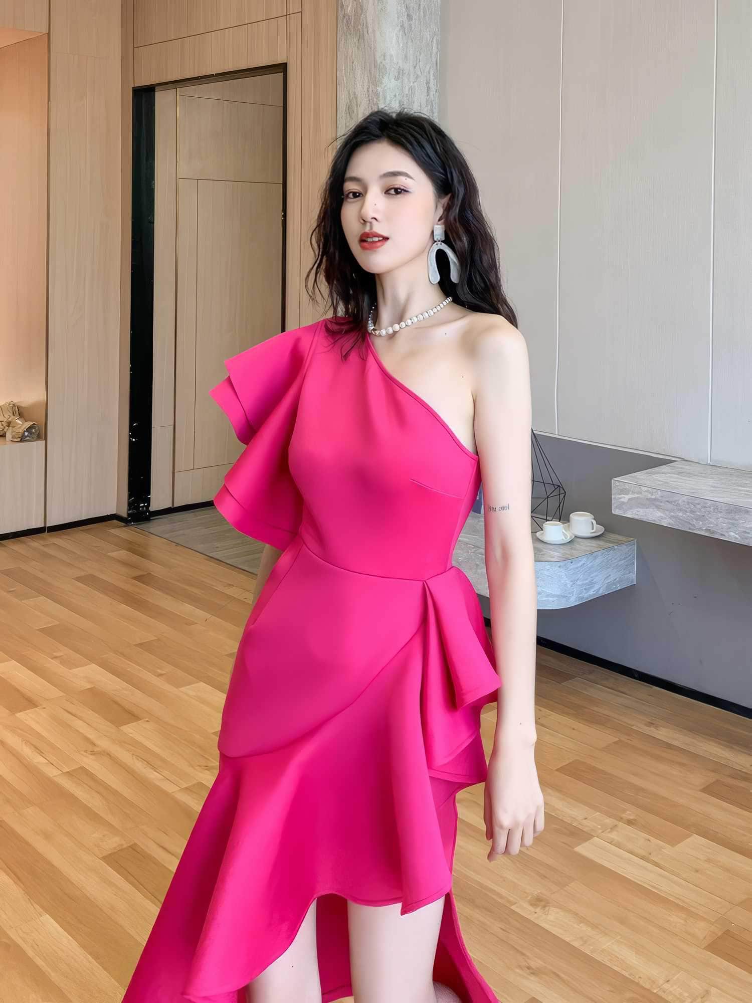 One Shoulder Frill Side Slit Ruffle Dress