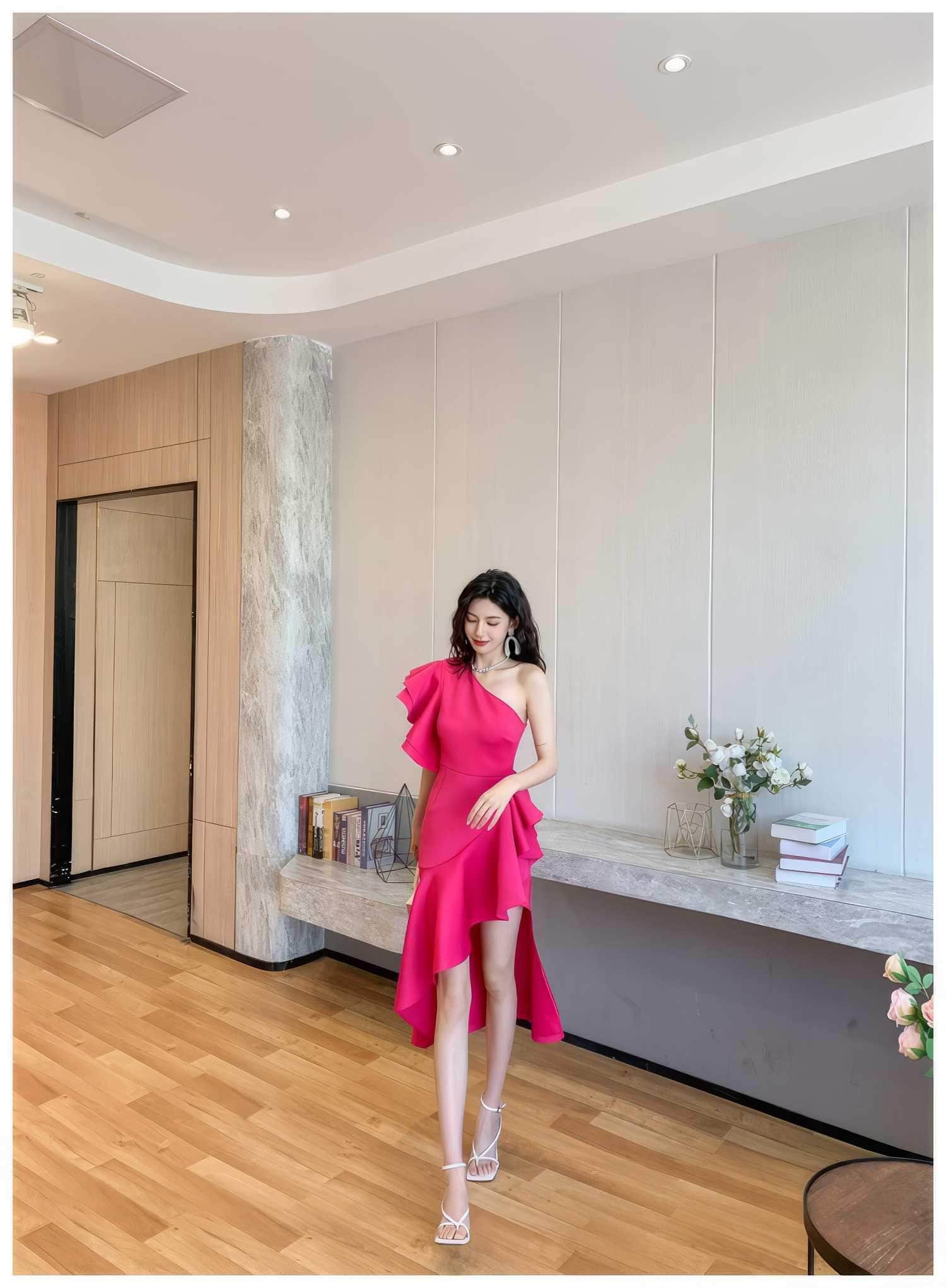 One Shoulder Frill Side Slit Ruffle Dress