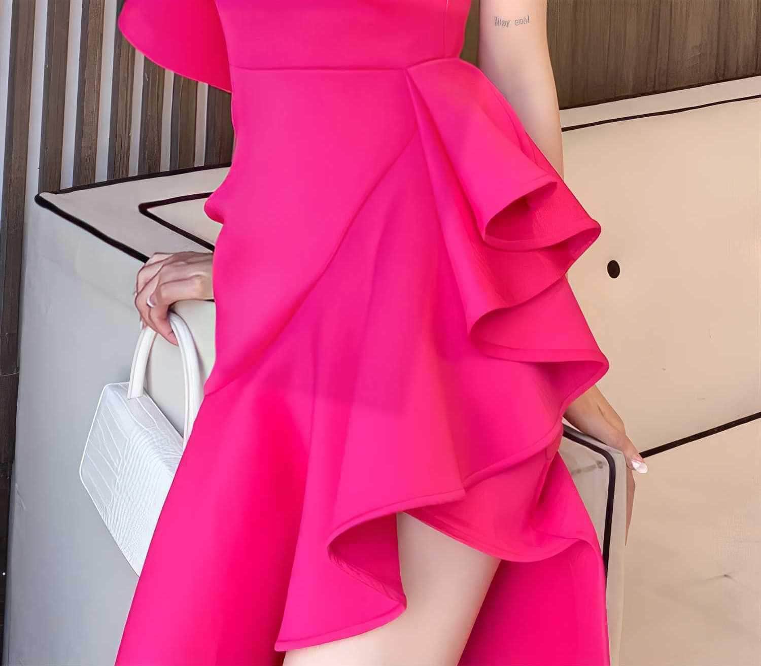 One Shoulder Frill Side Slit Ruffle Dress