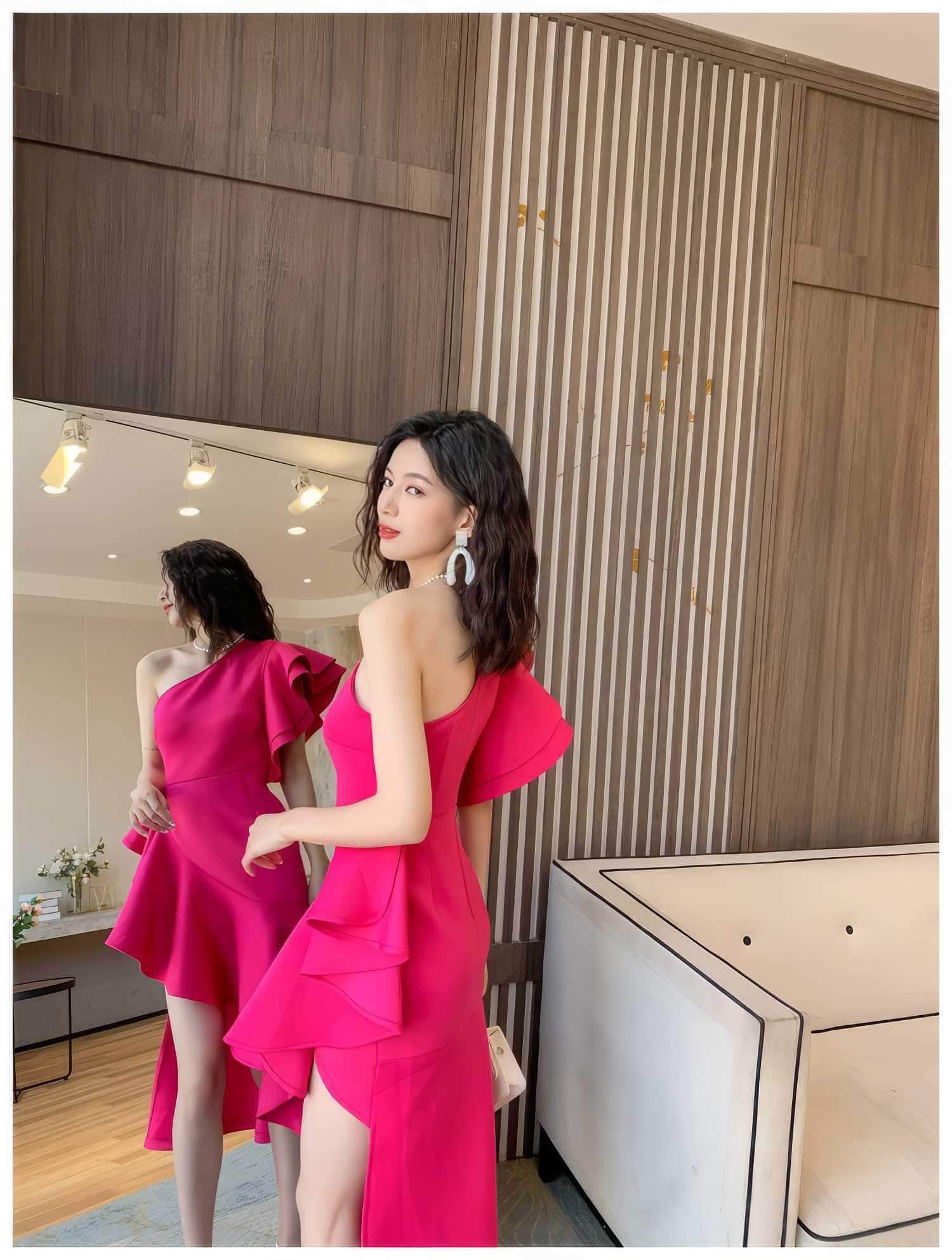 One Shoulder Frill Side Slit Ruffle Dress