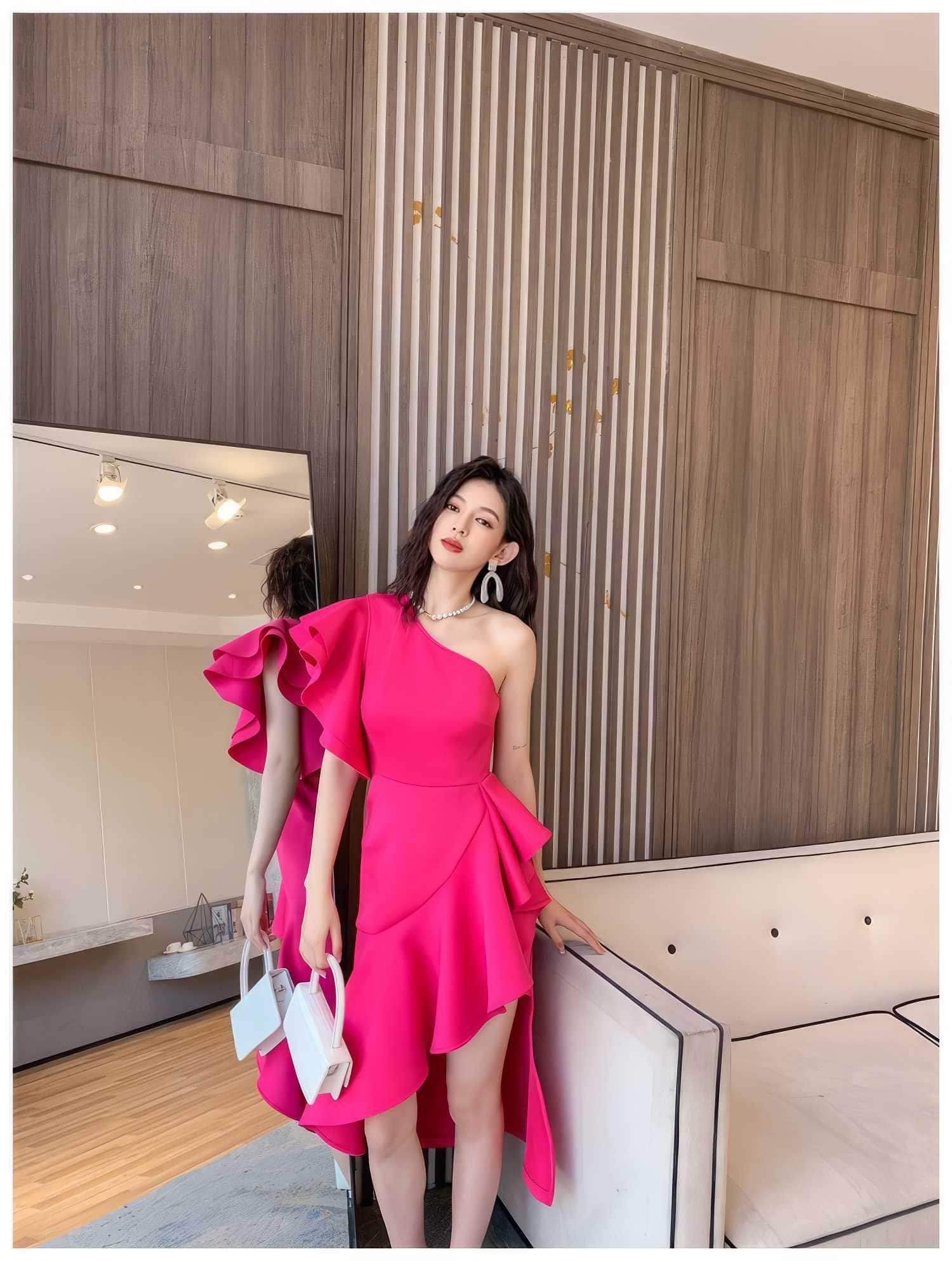 One Shoulder Frill Side Slit Ruffle Dress