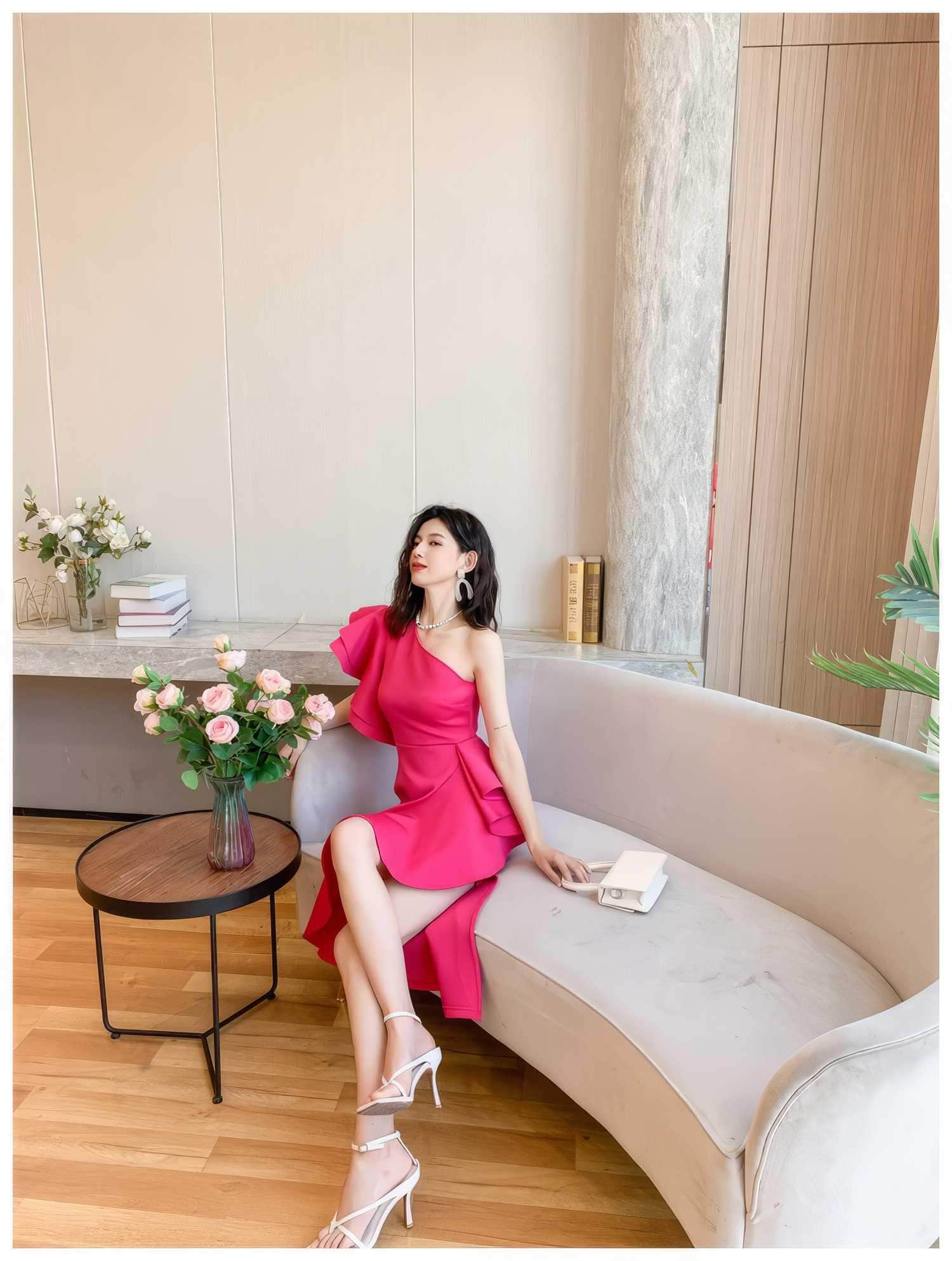 One Shoulder Frill Side Slit Ruffle Dress