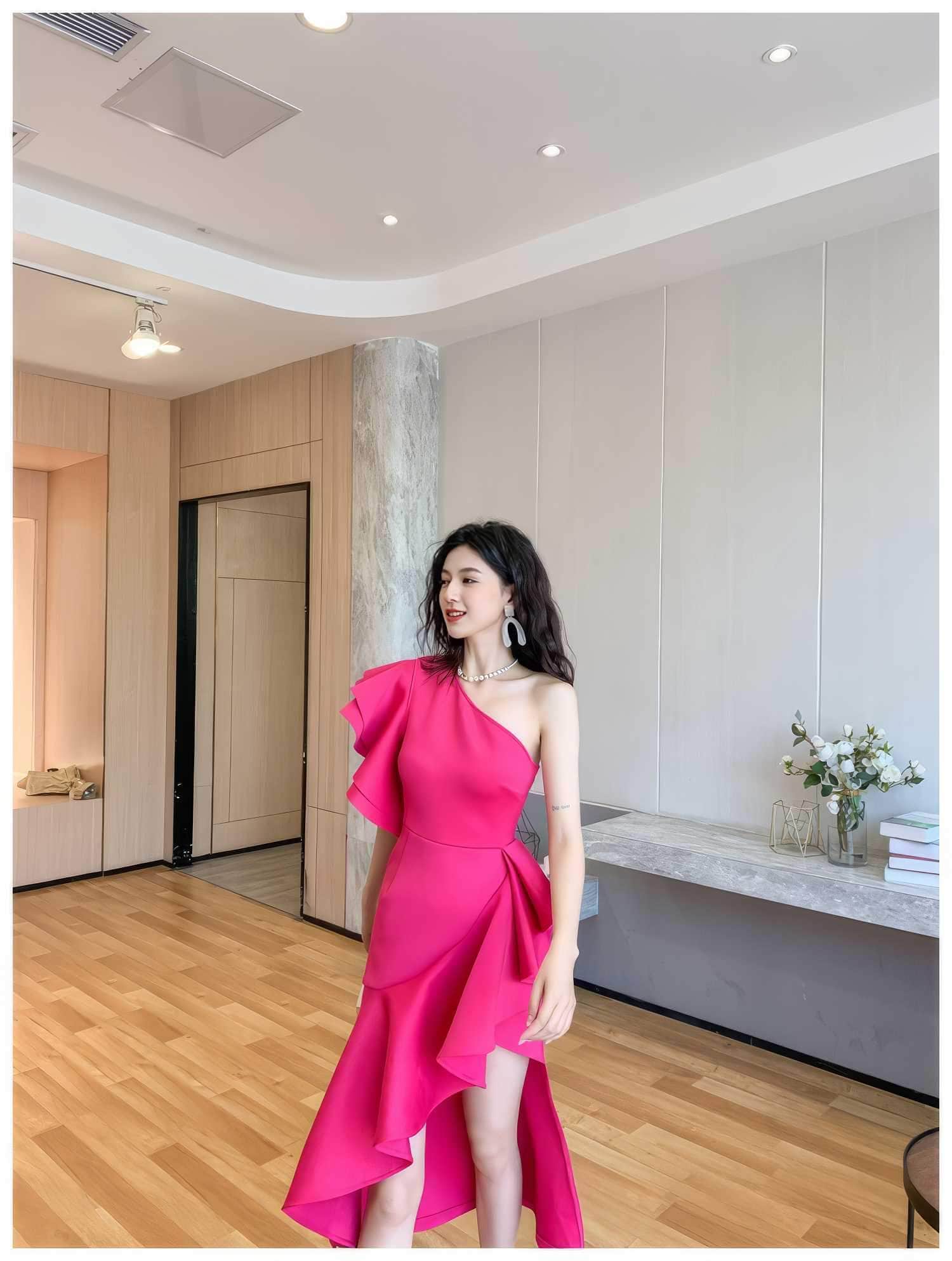 One Shoulder Frill Side Slit Ruffle Dress