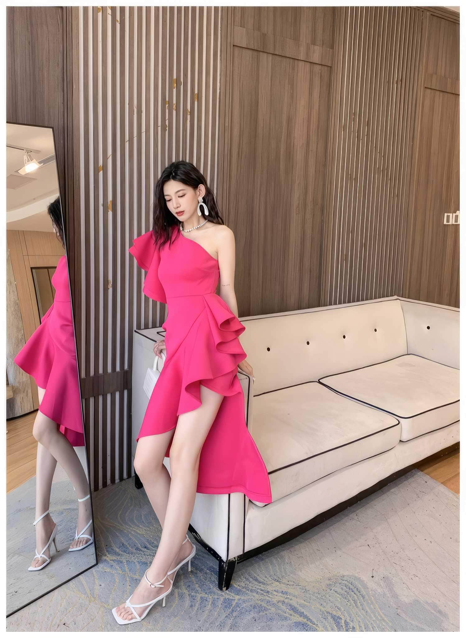 One Shoulder Frill Side Slit Ruffle Dress S / Pink