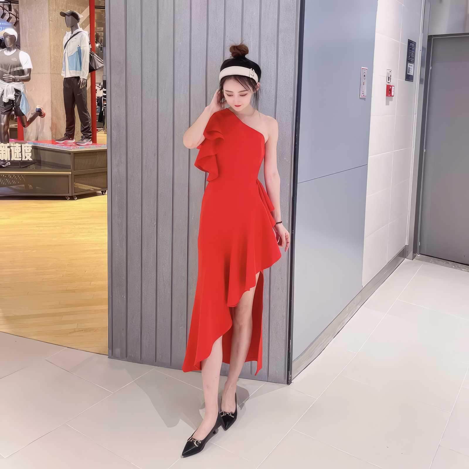 One Shoulder Frill Side Slit Ruffle Dress S / Red