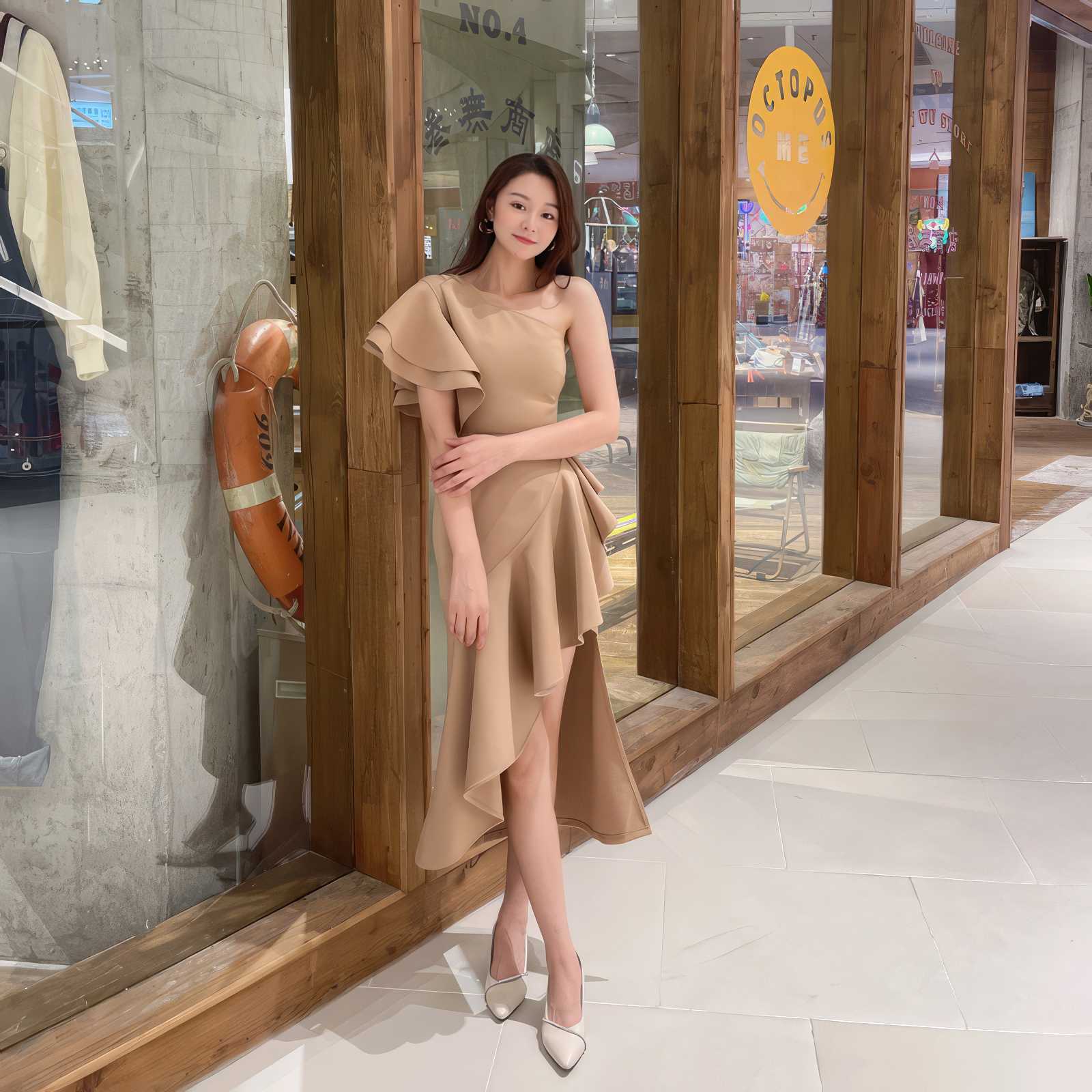 One Shoulder Frill Side Slit Ruffle Dress S / Tan