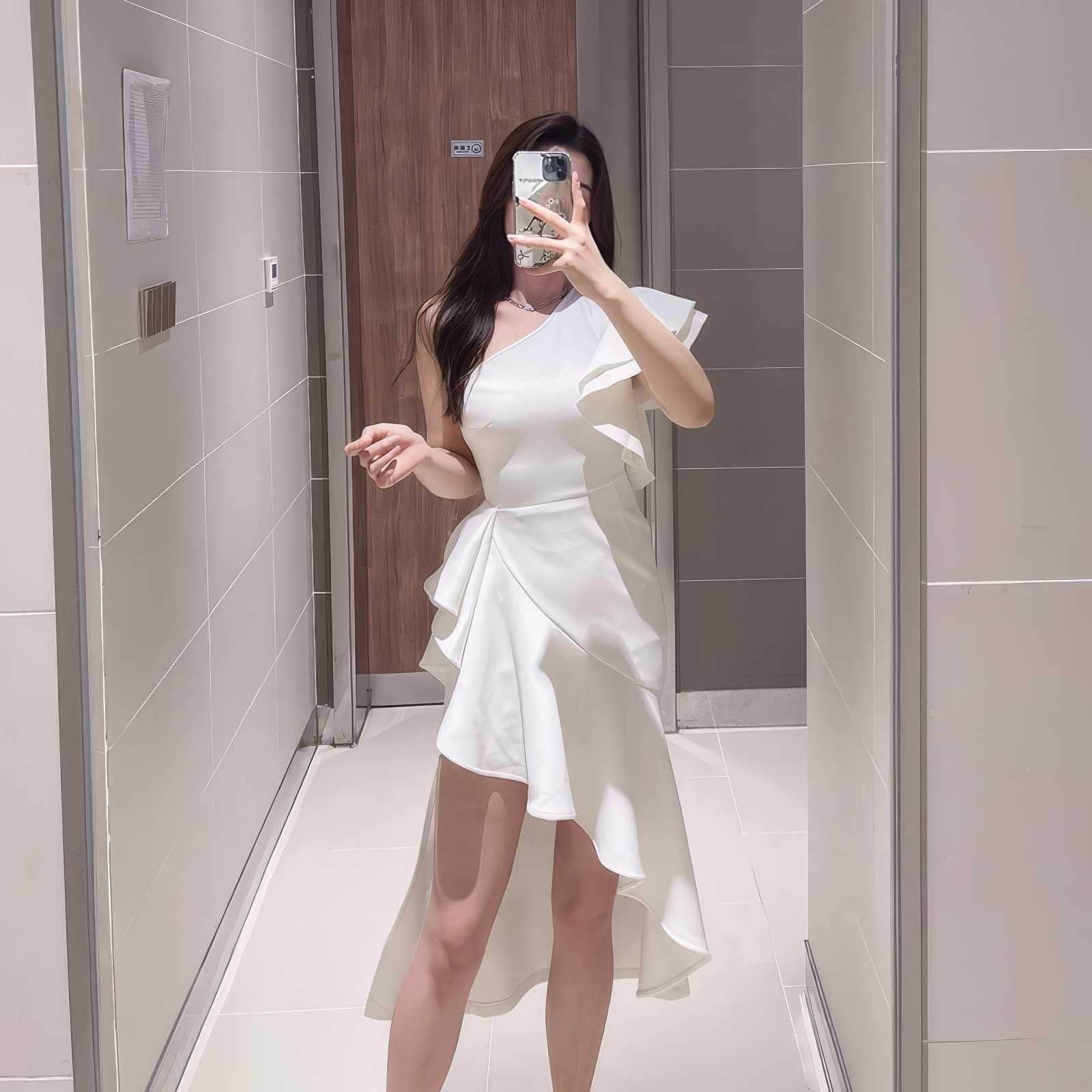 One Shoulder Frill Side Slit Ruffle Dress S / White