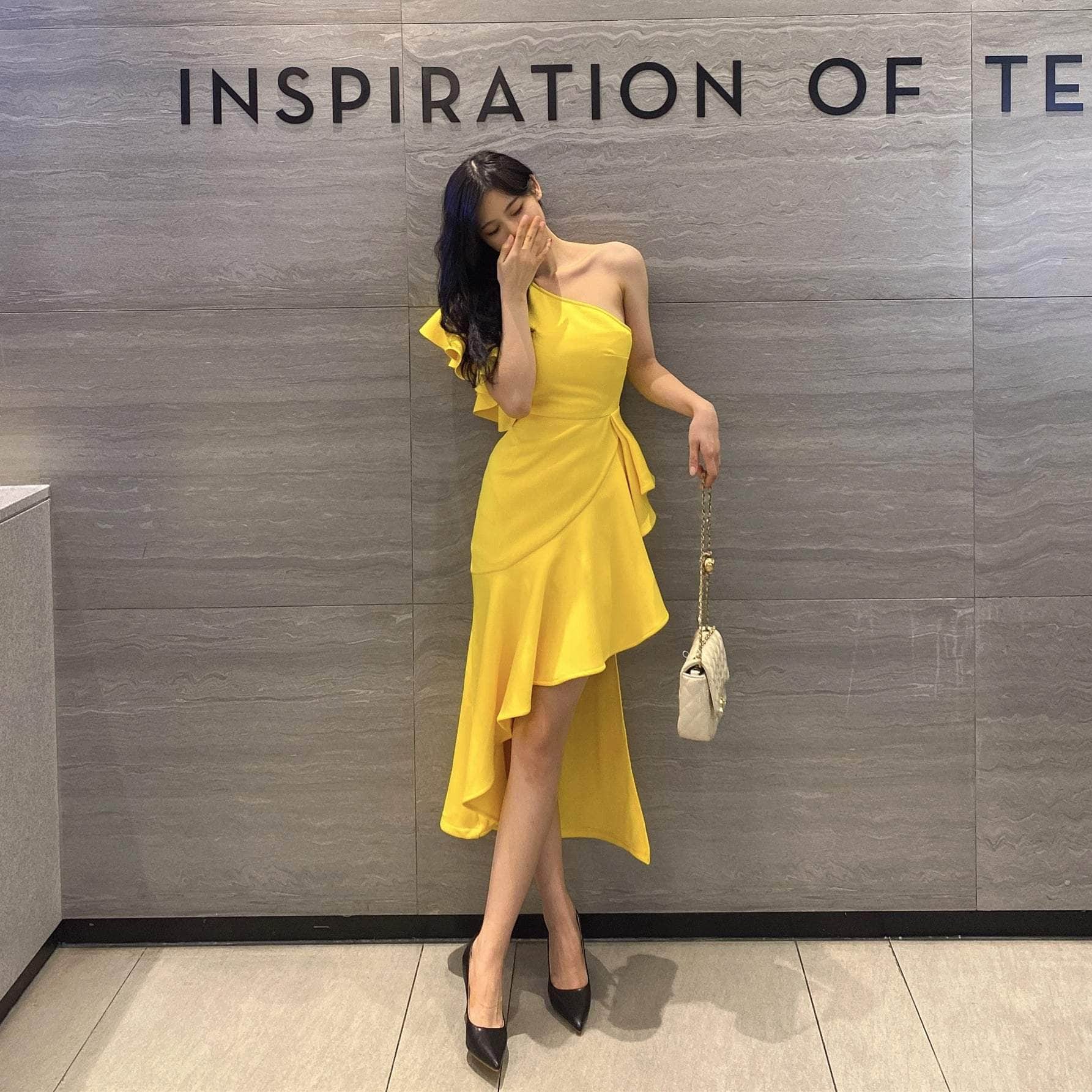 One Shoulder Frill Side Slit Ruffle Dress S / Yellow