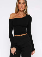 One Shoulder Long Sleeve Crop T-Shirt