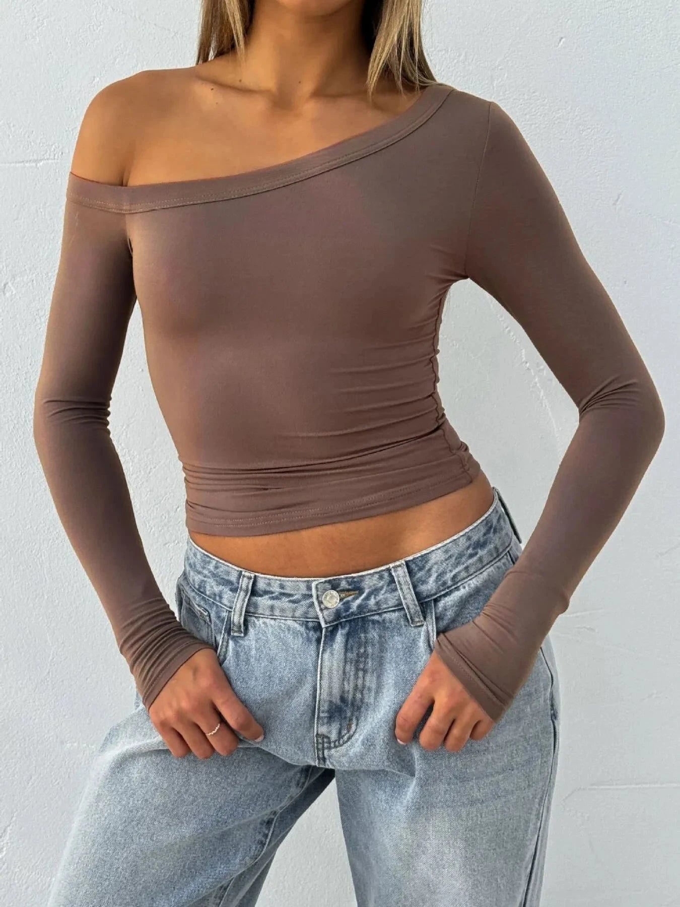 One Shoulder Long Sleeve Crop T-Shirt Coffee Brown / S
