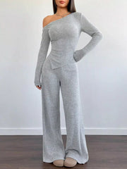 One-Shoulder Long Sleeve Top and Pants Set