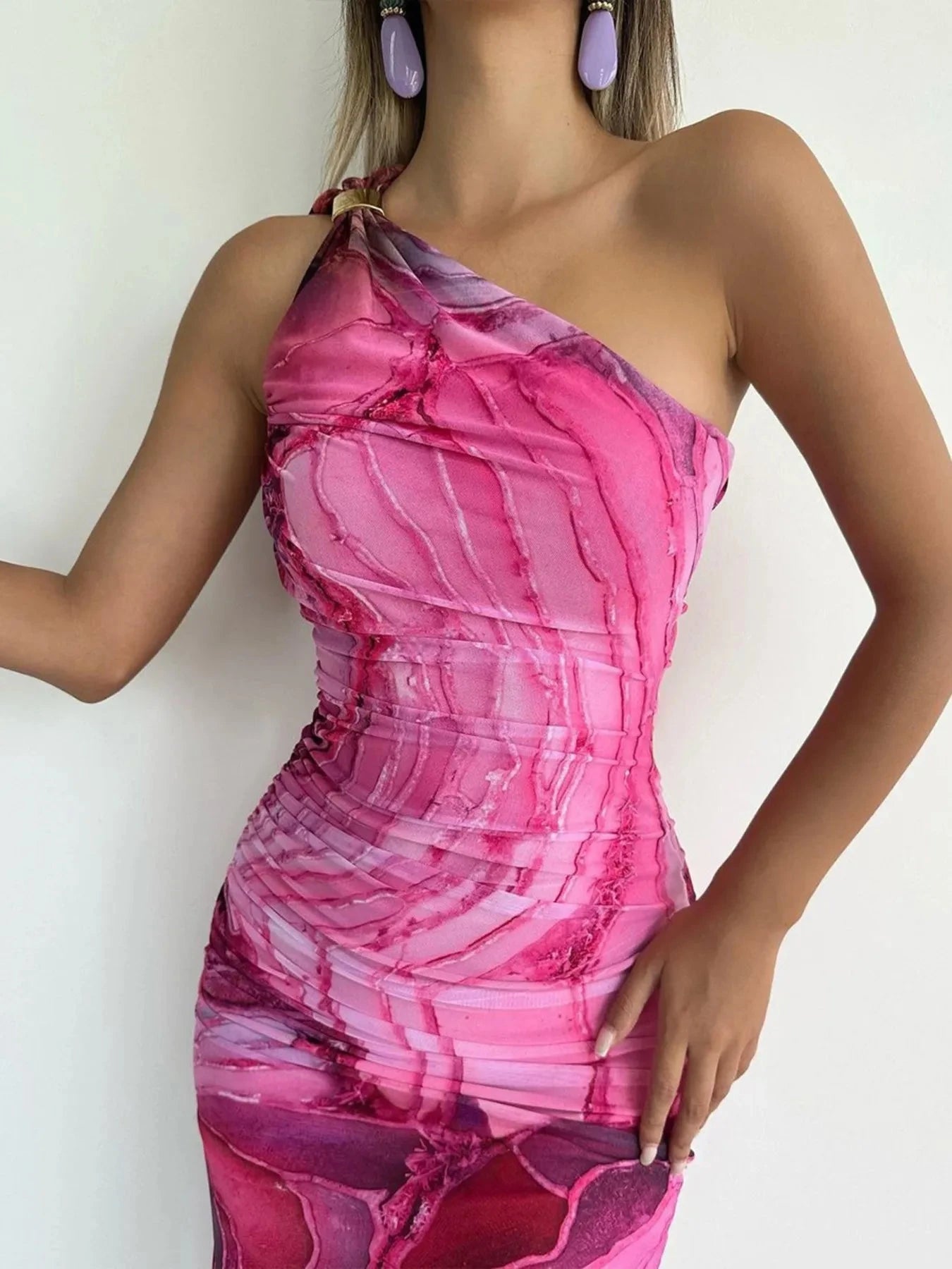 One Shoulder Printed Bodycon Maxi Dress