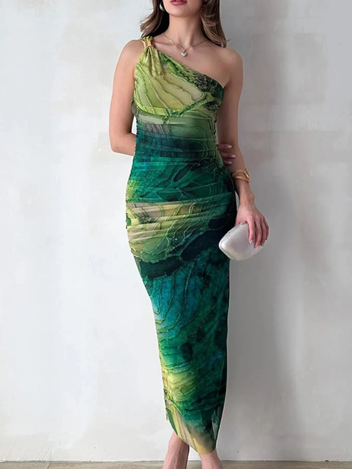 One Shoulder Printed Bodycon Maxi Dress Dark Green / S