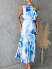 One Shoulder Printed Dress with Slit Light Blue / S