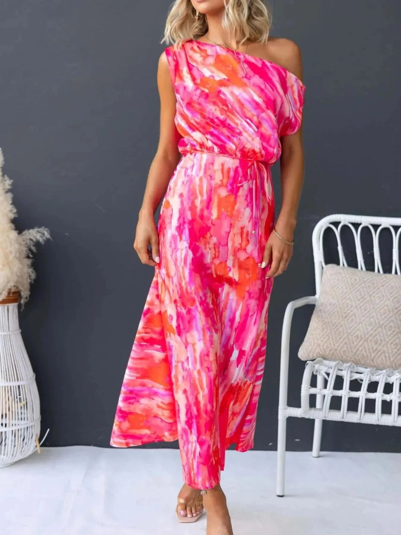 One Shoulder Printed Dress with Slit Peach Color / S