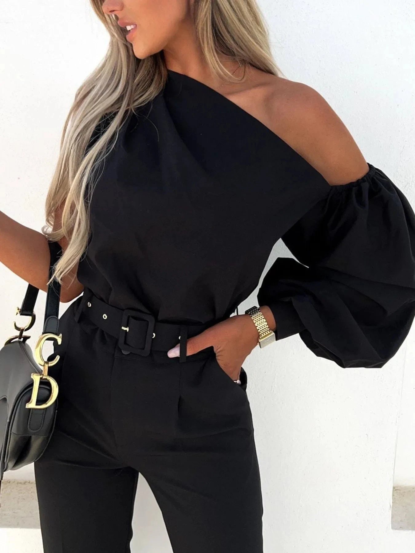 One Shoulder Puff Sleeve Blouse Black / S