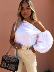 One Shoulder Puff Sleeve Blouse White / S