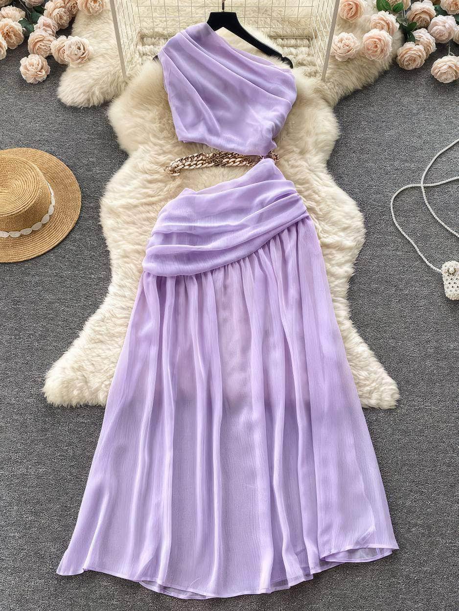 One-Shoulder Ruched Cut Out Chain Detailed Dress