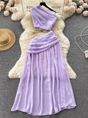 One-Shoulder Ruched Cut Out Chain Detailed Dress
