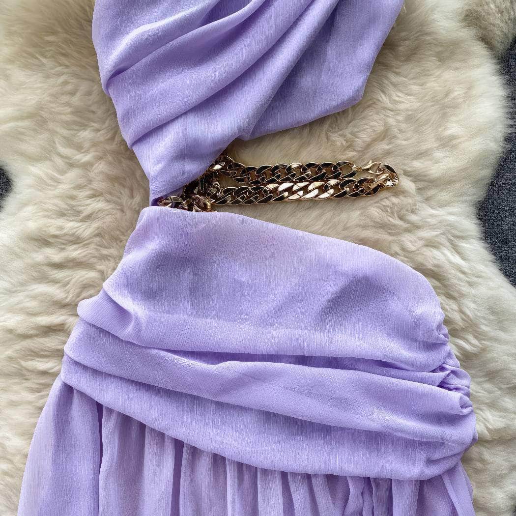 One-Shoulder Ruched Cut Out Chain Detailed Dress