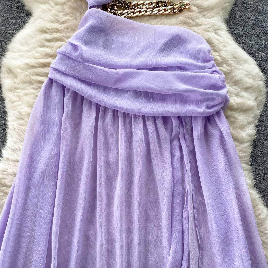 One-Shoulder Ruched Cut Out Chain Detailed Dress