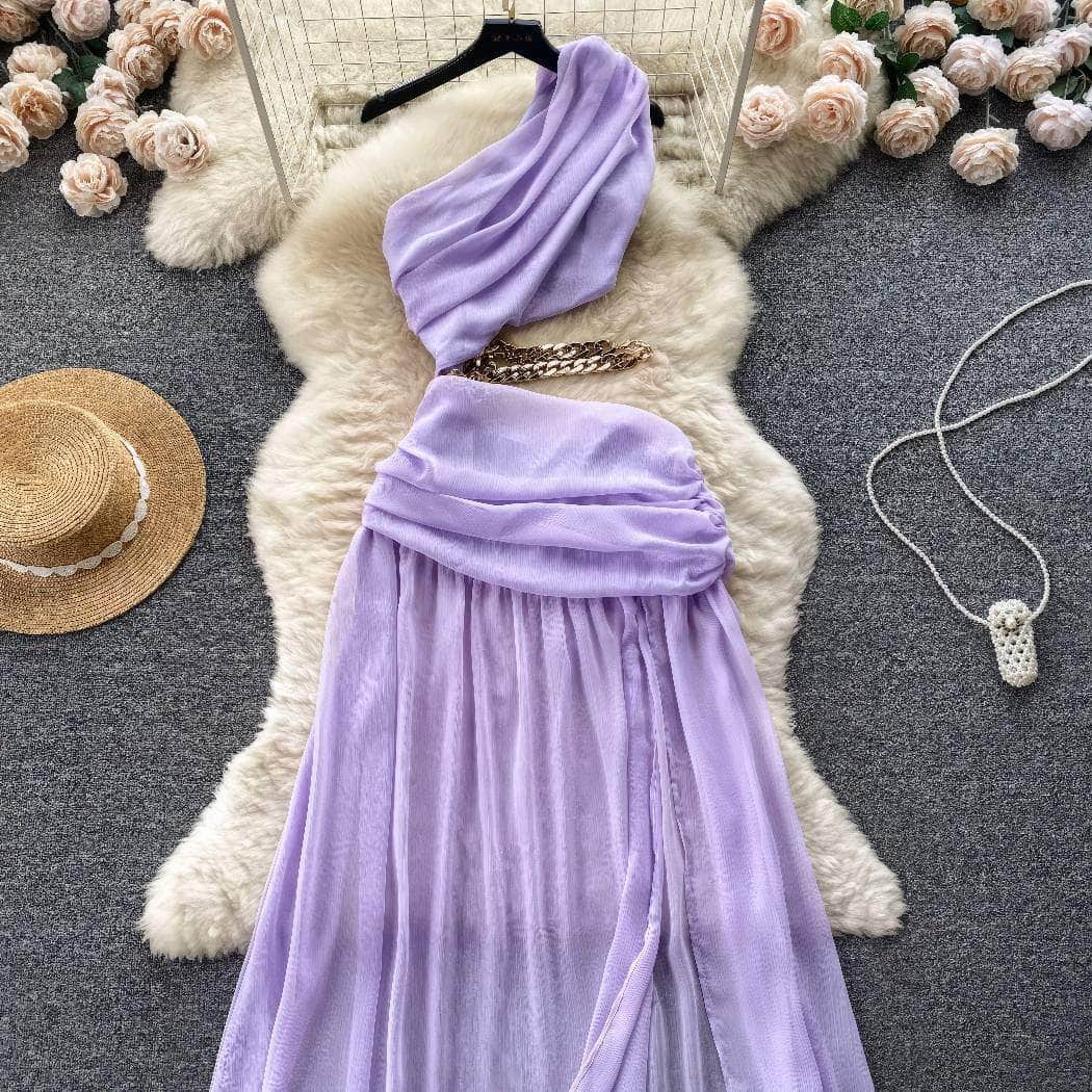 One-Shoulder Ruched Cut Out Chain Detailed Dress