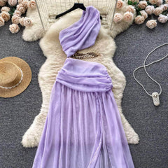 One-Shoulder Ruched Cut Out Chain Detailed Dress