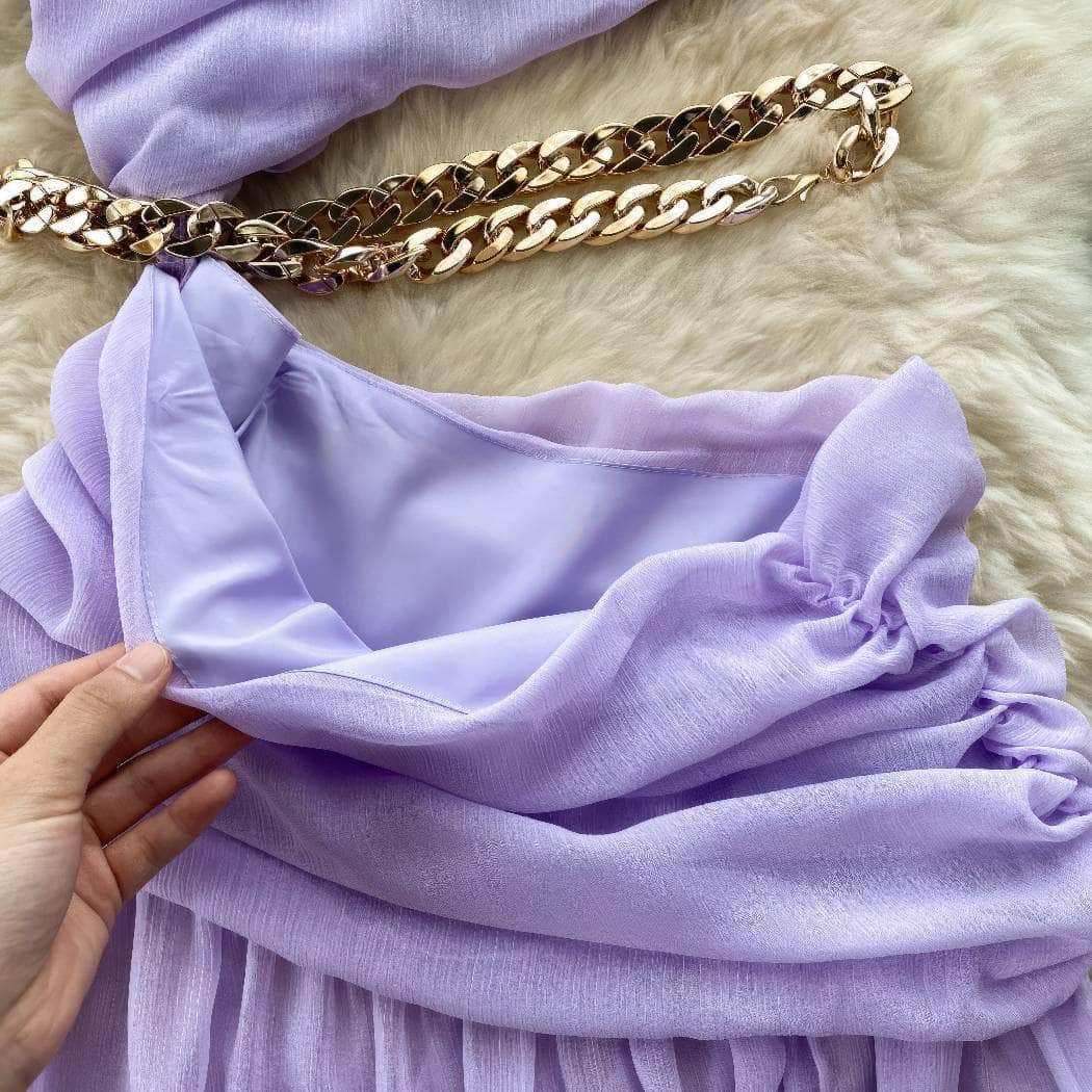 One-Shoulder Ruched Cut Out Chain Detailed Dress