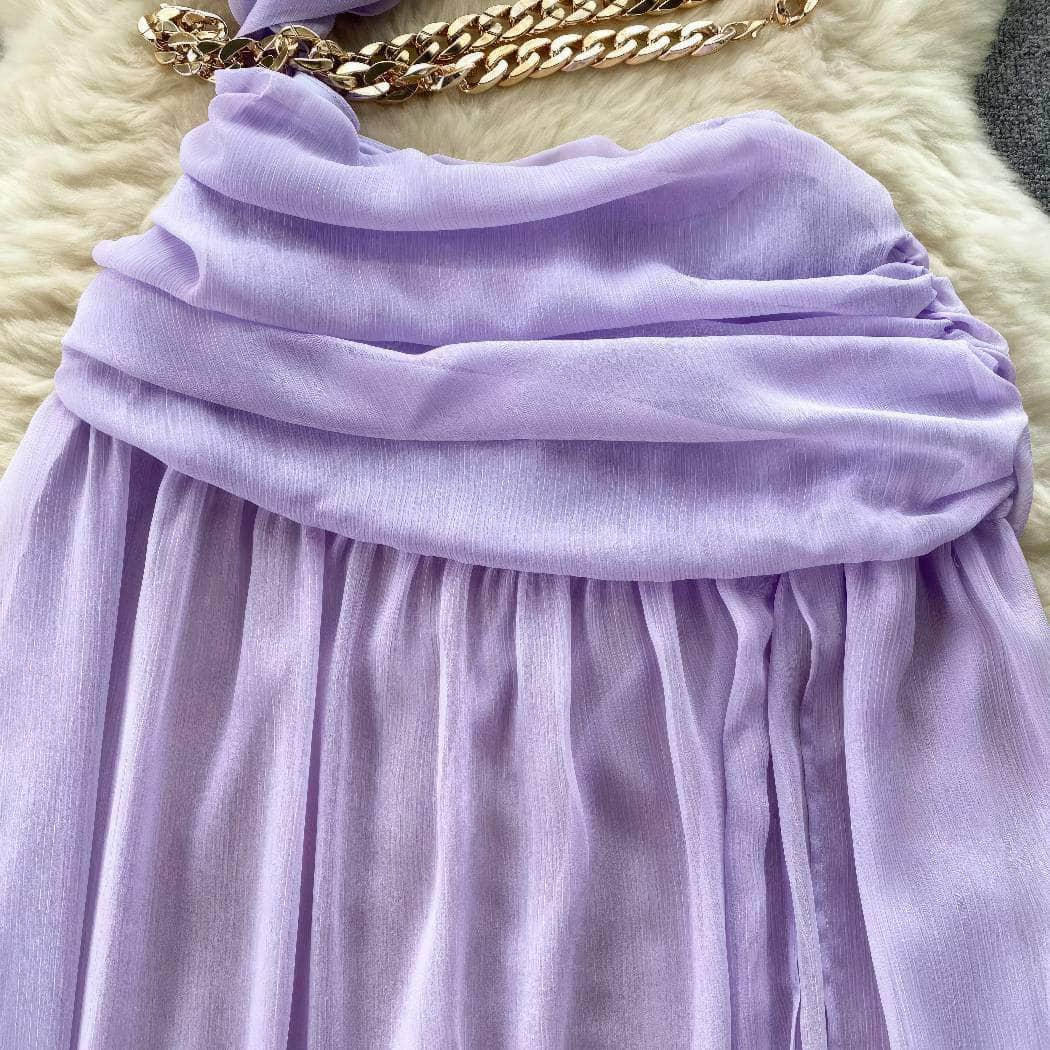 One-Shoulder Ruched Cut Out Chain Detailed Dress